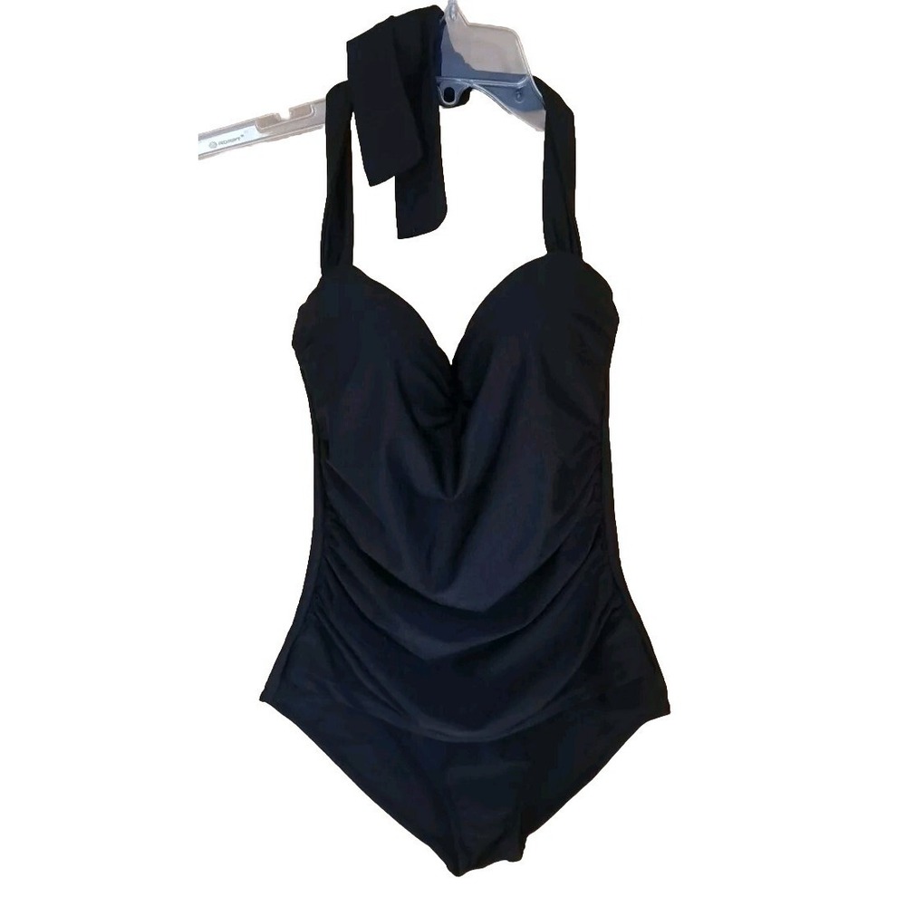 Cocoship Swimsuit Woman's‎ Size M Solid Black One Piece Built-in Bra Halter Top